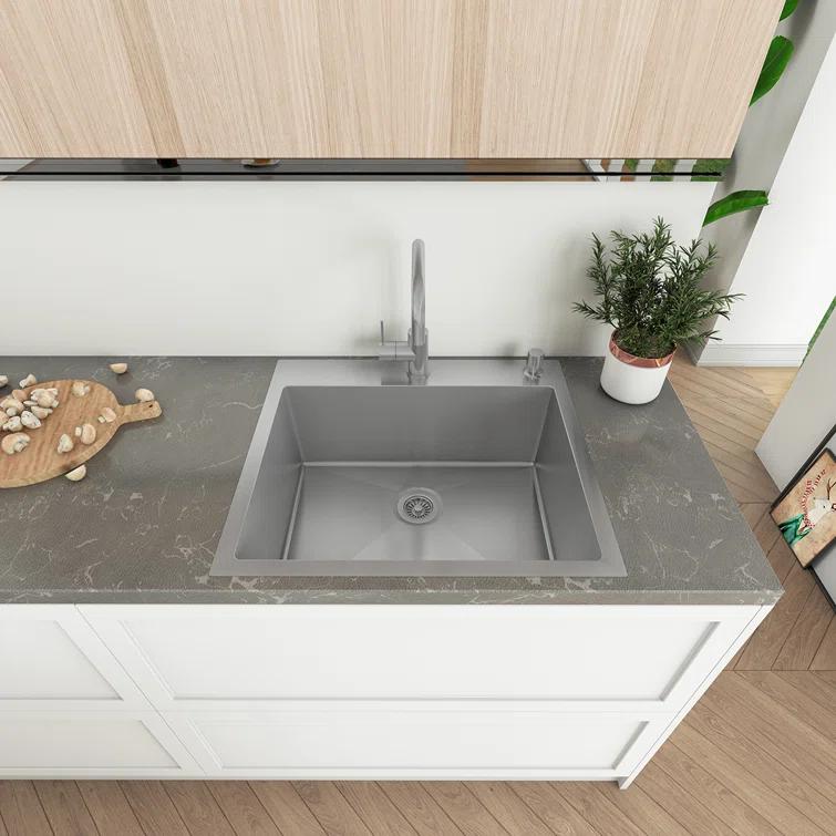 Sinber 25" x 22" Drop In Single Bowl Kitchen Sink with 18 Gauge 304 Stainless Steel Satin Finish