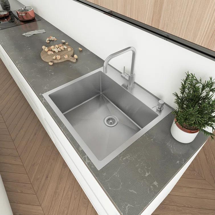 Sinber 25" x 22" Drop In Single Bowl Kitchen Sink with 18 Gauge 304 Stainless Steel Satin Finish