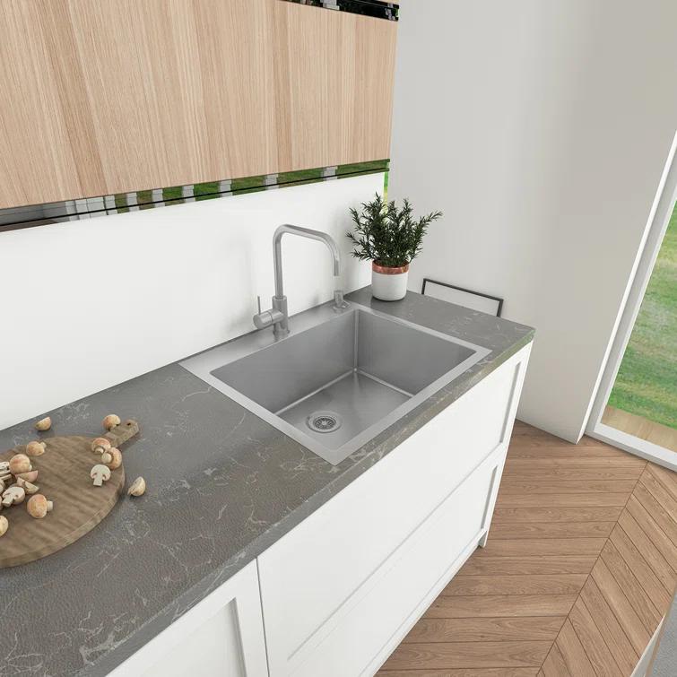 Sinber 25" x 22" Drop In Single Bowl Kitchen Sink with 18 Gauge 304 Stainless Steel Satin Finish