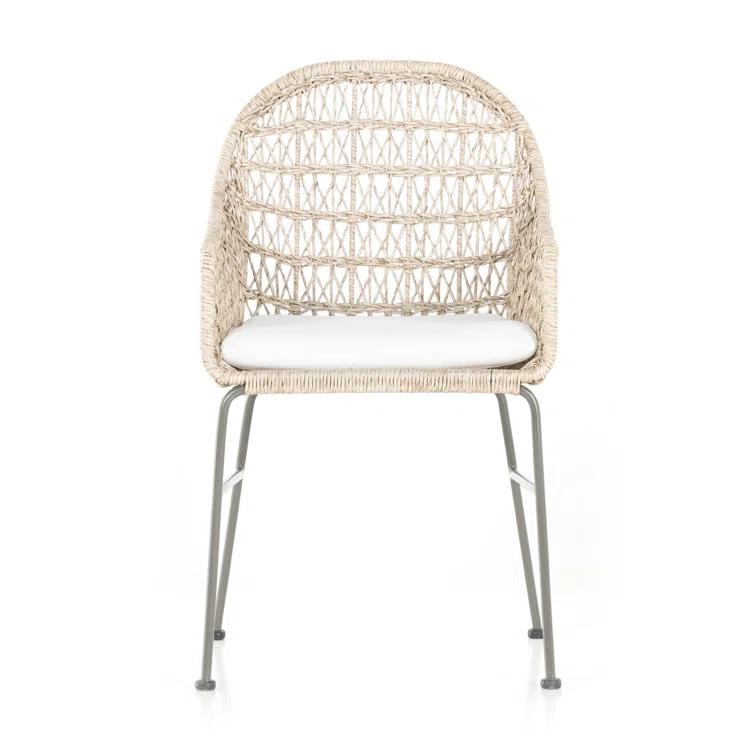 Vintage White and Brown Woven Dining Arm Chair with Cushions