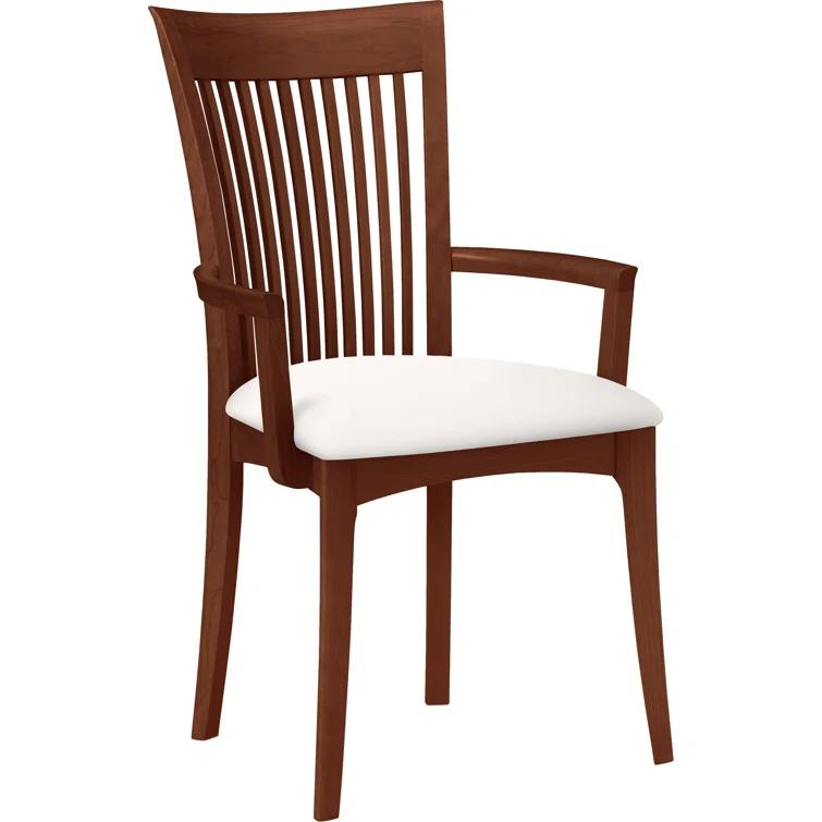 Modern Cherry Wood Slat Arm Chair with White Leather Upholstery