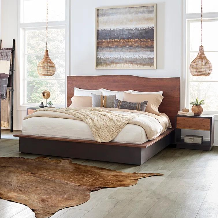 Acacia Wood Queen Bed with Live Edge Headboard in Raw Walnut Finish
