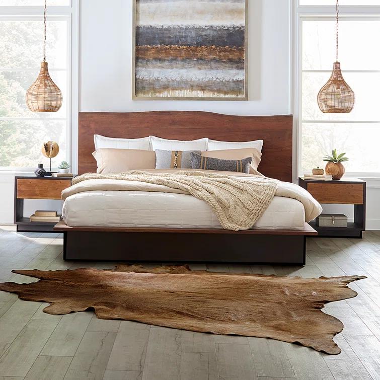 Acacia Wood Queen Bed with Live Edge Headboard in Raw Walnut Finish