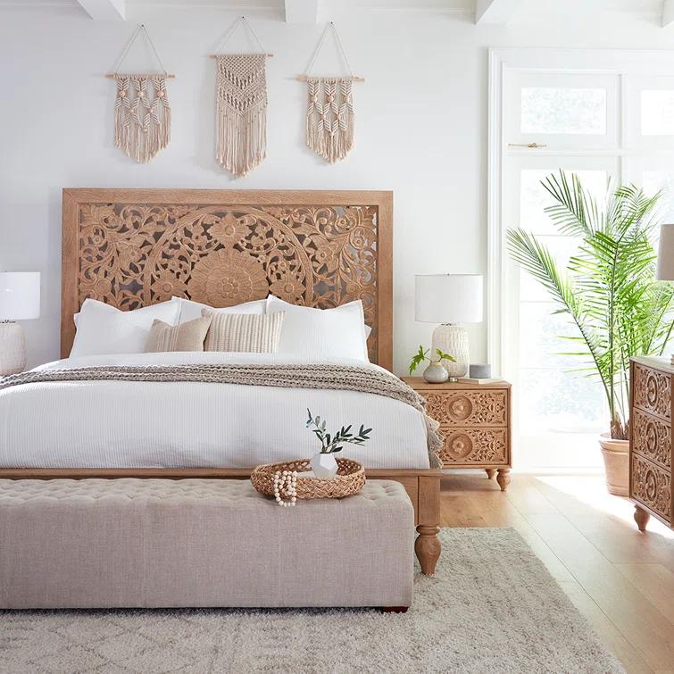 Transitional Heirloom Mango Wood Queen Platform Bed with Carved Headboard