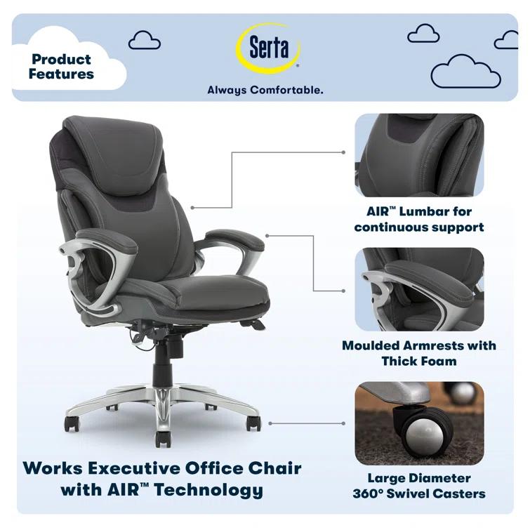 Serta Bryce Executive Office Chair with Patented AIR Lumbar Technology and Layered Body Pillows