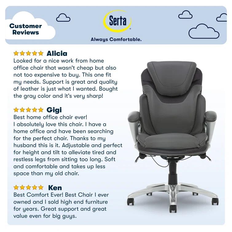 Serta Bryce Executive Office Chair with Patented AIR Lumbar Technology and Layered Body Pillows
