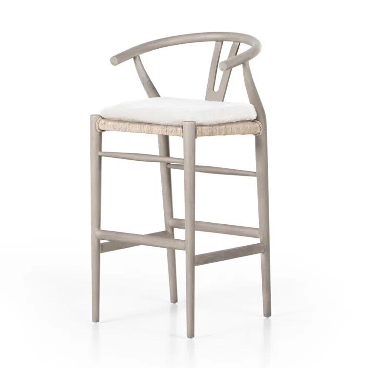 Cream Leather and Brown Wood Saddle Bar Stool