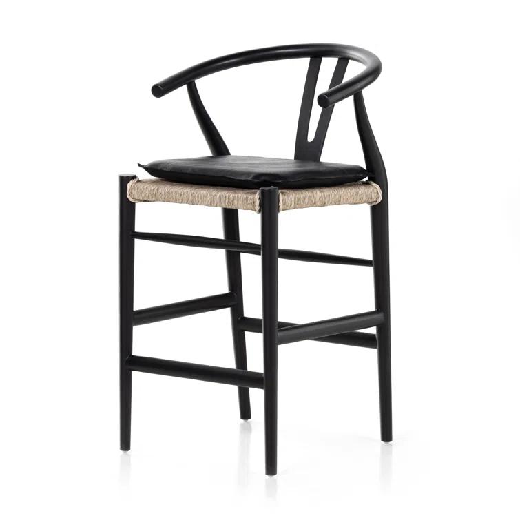 Saddle Style Black Leather Counter Stool with Black Teak Frame