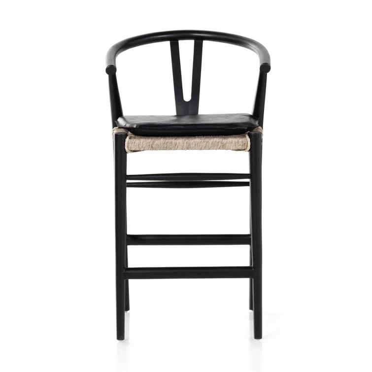 Saddle Style Black Leather Counter Stool with Black Teak Frame