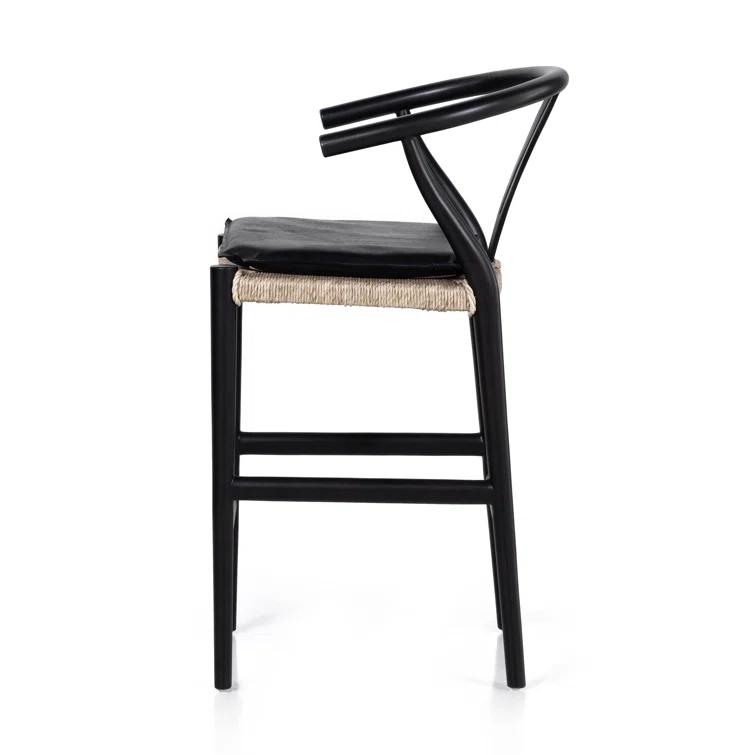 Saddle Style Black Leather Counter Stool with Black Teak Frame