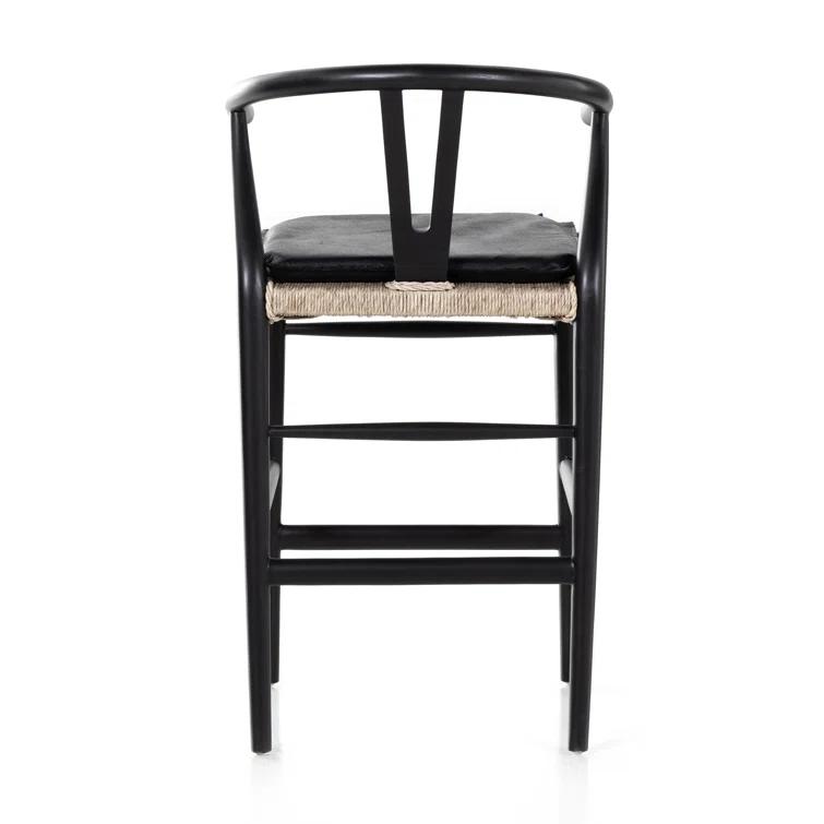 Saddle Style Black Leather Counter Stool with Black Teak Frame