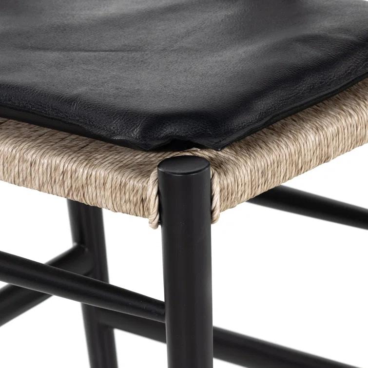 Saddle Style Black Leather Counter Stool with Black Teak Frame