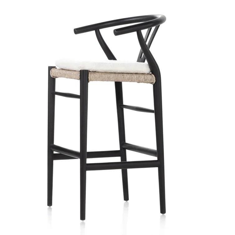 Cream Leather and Brown Wood Saddle Bar Stool