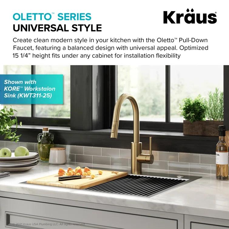 KRAUS Oletto Single Handle Pull Down Kitchen Faucet with QuickDock Top Mount Installation Assembly