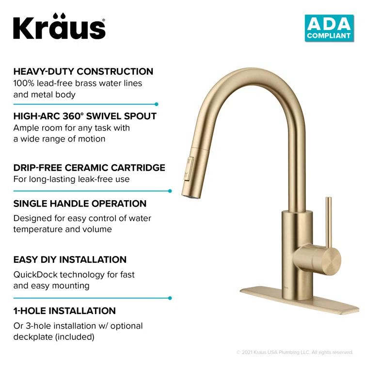 KRAUS Oletto Single Handle Pull Down Kitchen Faucet with QuickDock Top Mount Installation Assembly