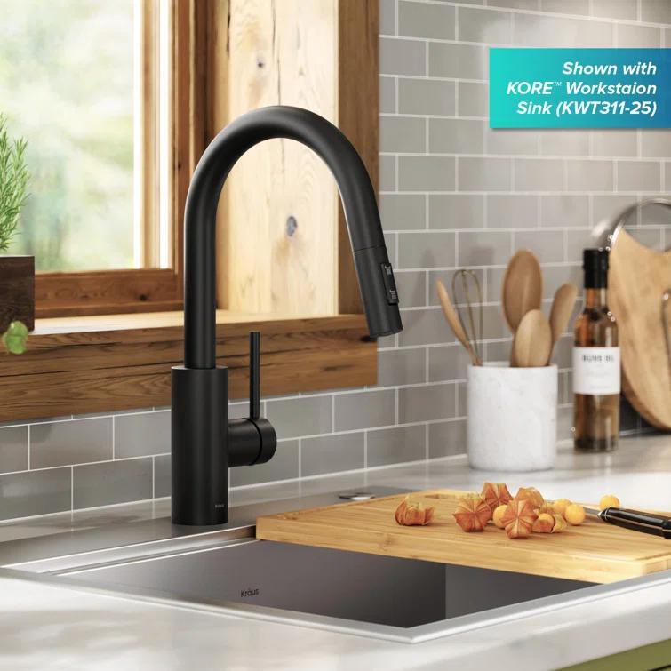 KRAUS Oletto Single Handle Pull Down Kitchen Faucet with QuickDock Top Mount Installation Assembly