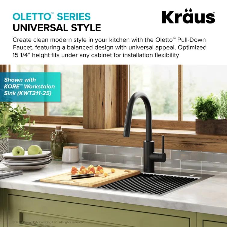 KRAUS Oletto Single Handle Pull Down Kitchen Faucet with QuickDock Top Mount Installation Assembly