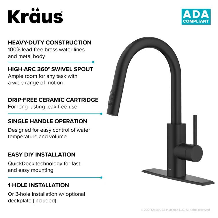 KRAUS Oletto Single Handle Pull Down Kitchen Faucet with QuickDock Top Mount Installation Assembly