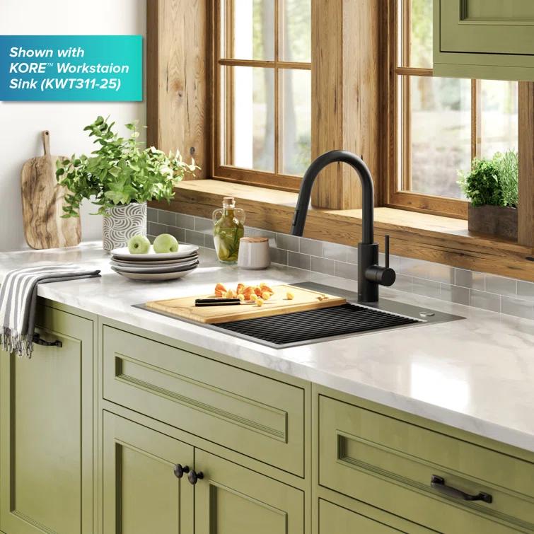 KRAUS Oletto Single Handle Pull Down Kitchen Faucet with QuickDock Top Mount Installation Assembly