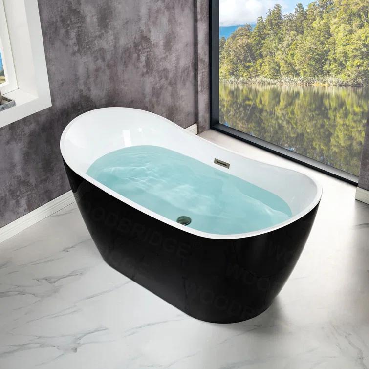 WoodBridge 59'' x 28.75'' Freestanding Soaking Acrylic Bathtub BTA-1816:Black/Brushed Nickel