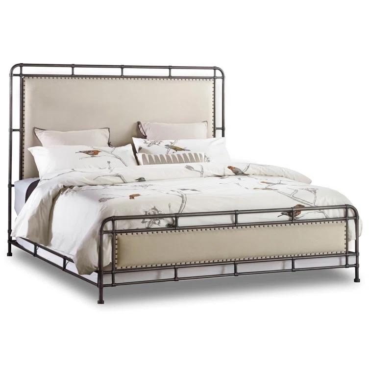 King Beige Upholstered Metal Bed with Nailhead Trim