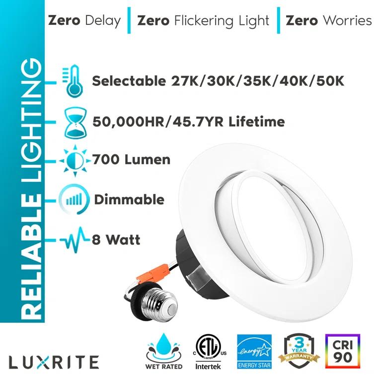 Luxrite 4" Selectable CCT Remodel IC Gimbal LED Retrofit Recessed Lighting Kit LR23233-12PK