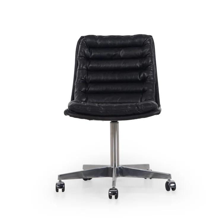 Black Leather Armless Swivel Task Chair with Wood Base