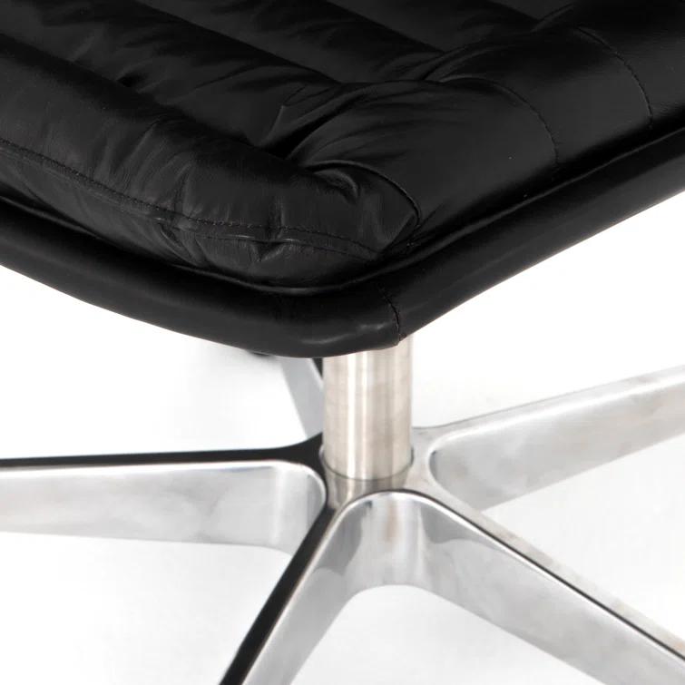 Black Leather Armless Swivel Task Chair with Wood Base