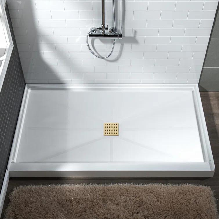 36" Solid Surface Square Single Threshold Shower Pan Base with Drain Assembly & Drain Cover Included, Non-Slip