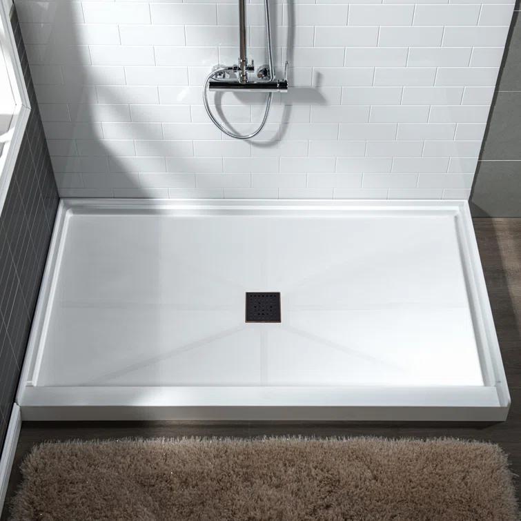 60" x 36" Solid Surface Single Threshold Shower Pan Base with Drain Assembly & Drain Cover Included, Non-Slip