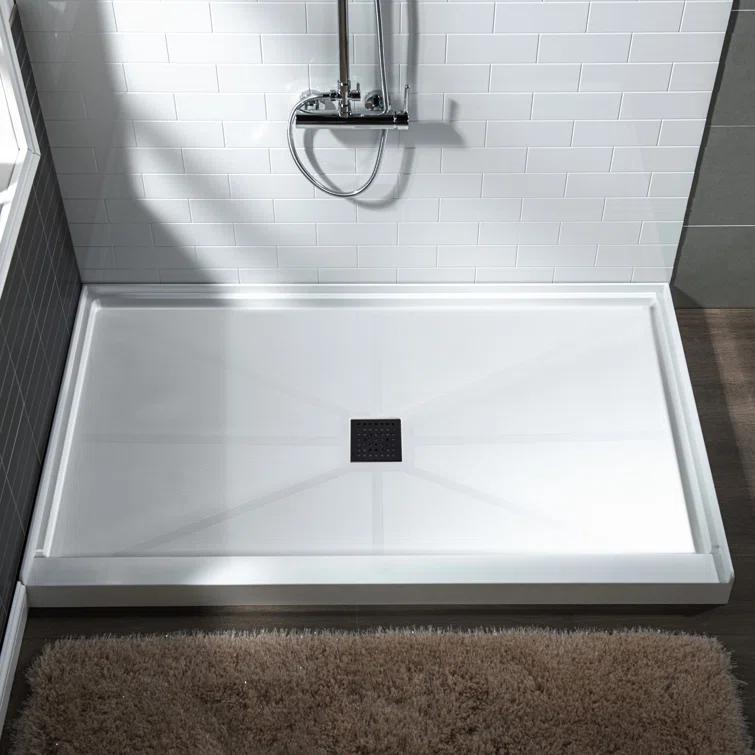 60" x 36" Solid Surface Single Threshold Shower Pan Base with Drain Assembly & Drain Cover Included, Non-Slip