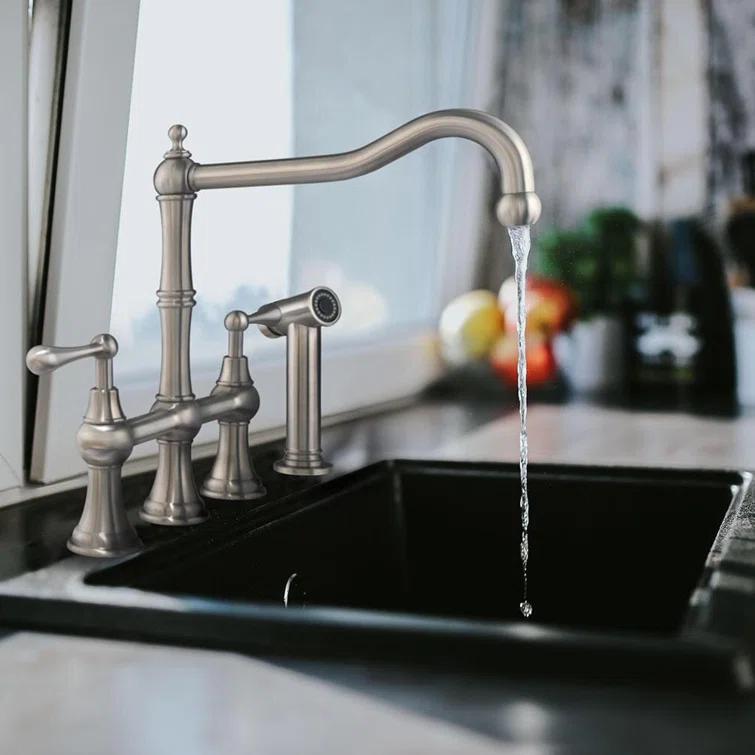 Whitehaus Collection Lead-Free Solid Stainless Steel Bridge Faucet with a Long Traditional Spout, Lever Handles and Side Spray