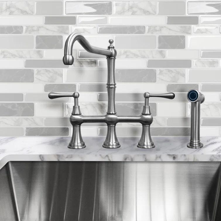 Whitehaus Collection Lead-Free Solid Stainless Steel Bridge Faucet with a Long Traditional Spout, Lever Handles and Side Spray