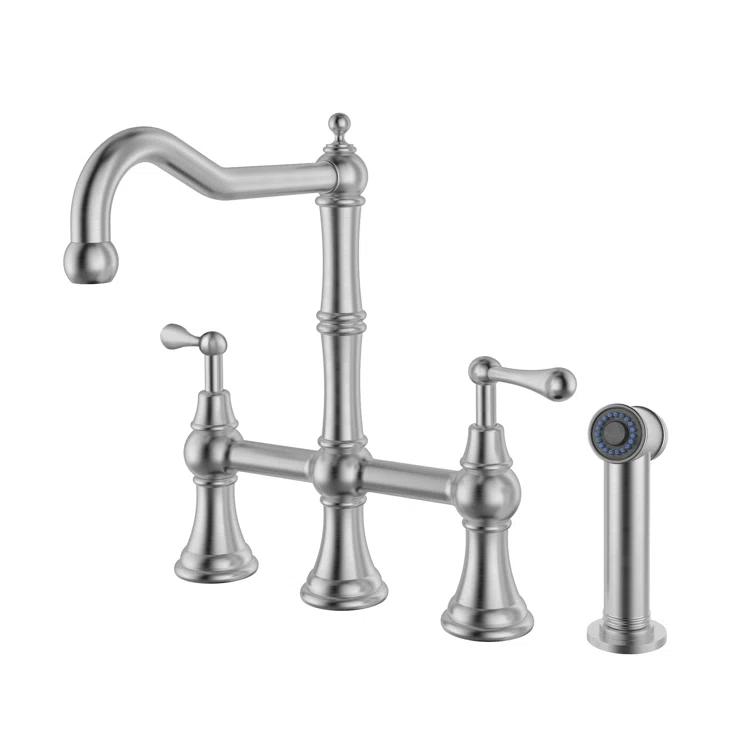 Whitehaus Collection Lead-Free Solid Stainless Steel Bridge Faucet with a Long Traditional Spout, Lever Handles and Side Spray
