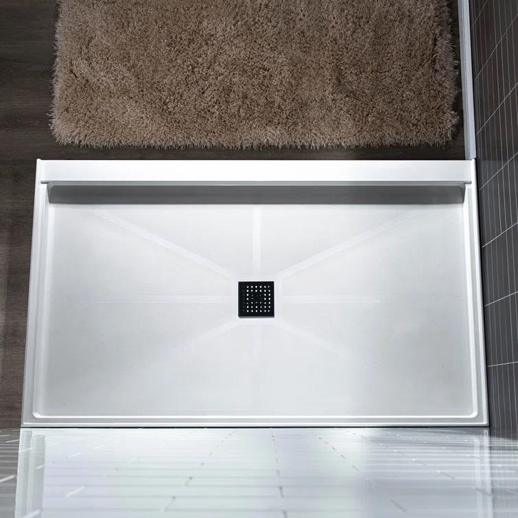 60" x 36" Solid Surface Single Threshold Shower Pan Base with Drain Assembly & Drain Cover Included, Non-Slip