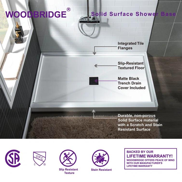60" x 36" Solid Surface Single Threshold Shower Pan Base with Drain Assembly & Drain Cover Included, Non-Slip