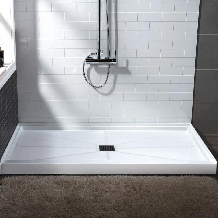 60" x 36" Solid Surface Single Threshold Shower Pan Base with Drain Assembly & Drain Cover Included, Non-Slip