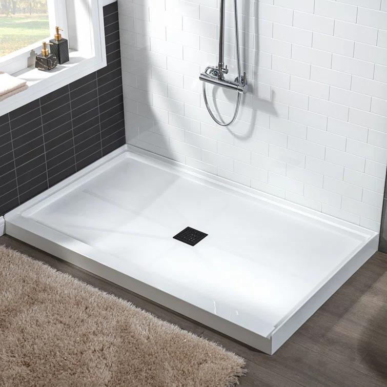 60" x 36" Solid Surface Single Threshold Shower Pan Base with Drain Assembly & Drain Cover Included, Non-Slip