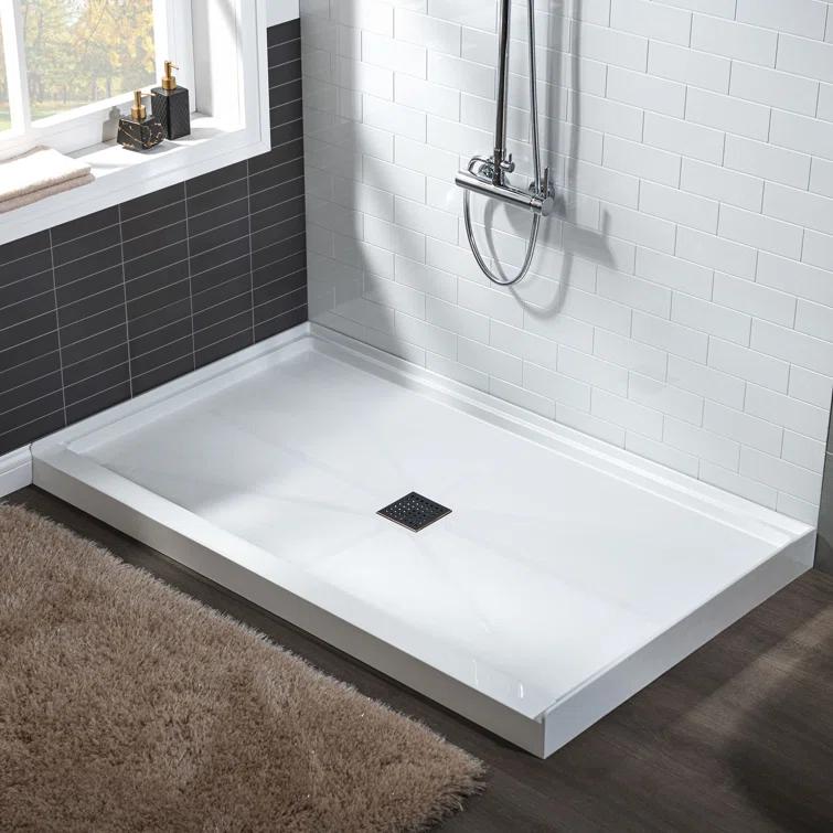 60" x 36" Solid Surface Single Threshold Shower Pan Base with Drain Assembly & Drain Cover Included, Non-Slip