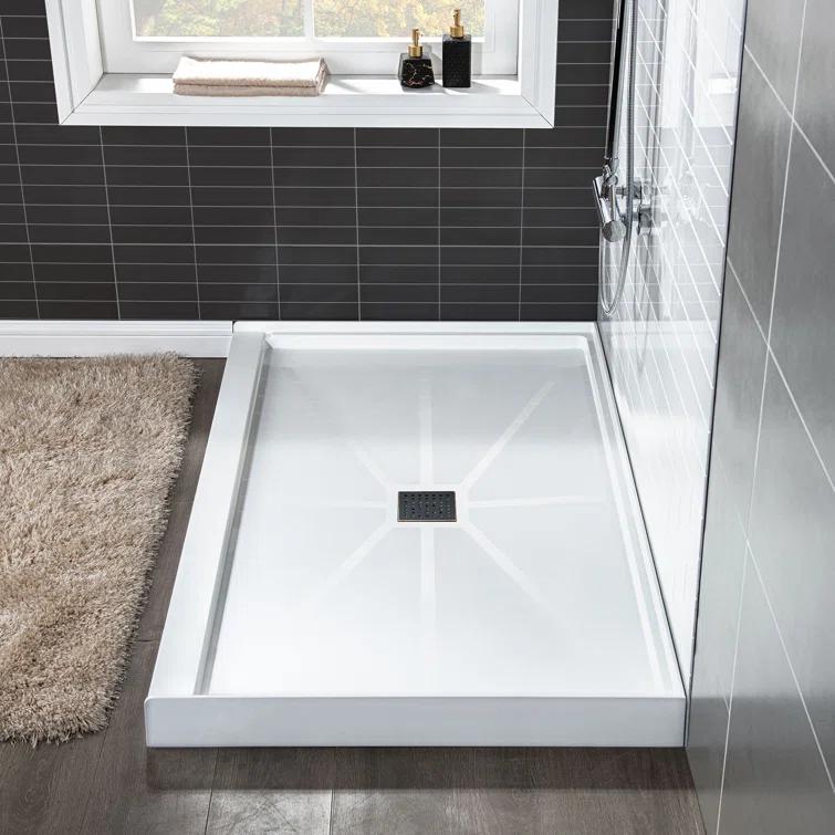 36" Solid Surface Square Single Threshold Shower Pan Base with Drain Assembly & Drain Cover Included, Non-Slip