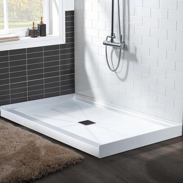 36" Solid Surface Square Single Threshold Shower Pan Base with Drain Assembly & Drain Cover Included, Non-Slip