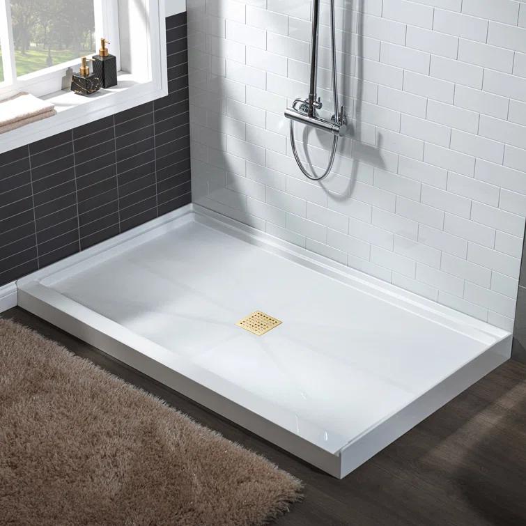 36" Solid Surface Square Single Threshold Shower Pan Base with Drain Assembly & Drain Cover Included, Non-Slip