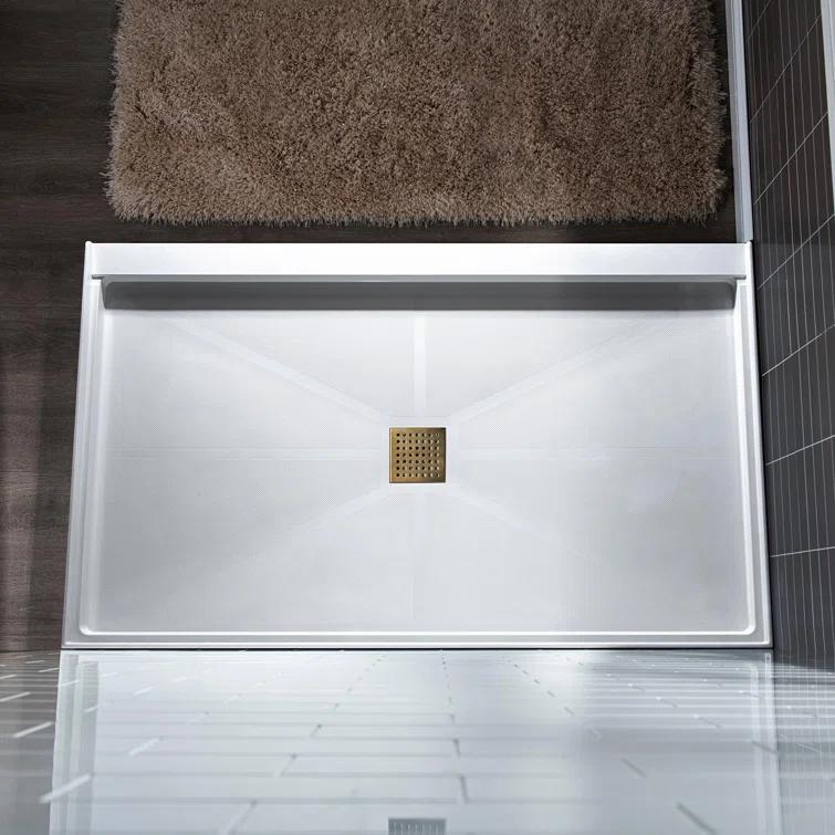 36" Solid Surface Square Single Threshold Shower Pan Base with Drain Assembly & Drain Cover Included, Non-Slip
