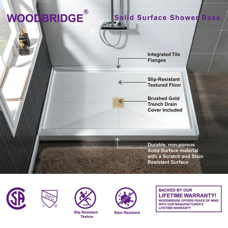 36" Solid Surface Square Single Threshold Shower Pan Base with Drain Assembly & Drain Cover Included, Non-Slip