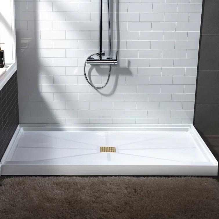 36" Solid Surface Square Single Threshold Shower Pan Base with Drain Assembly & Drain Cover Included, Non-Slip