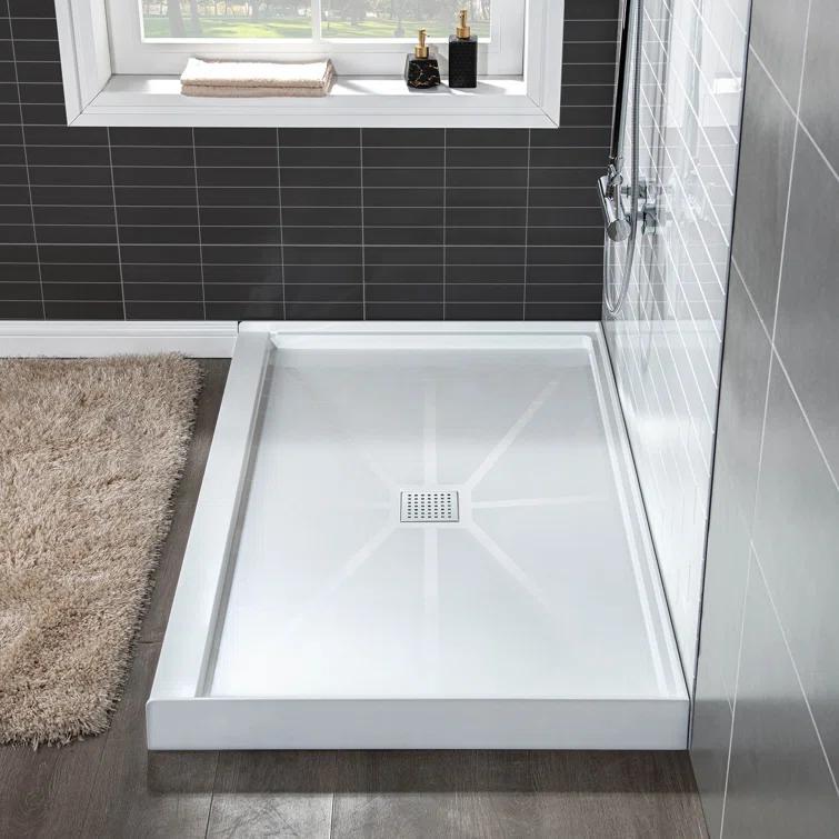 36" Solid Surface Square Single Threshold Shower Pan Base with Drain Assembly & Drain Cover Included, Non-Slip
