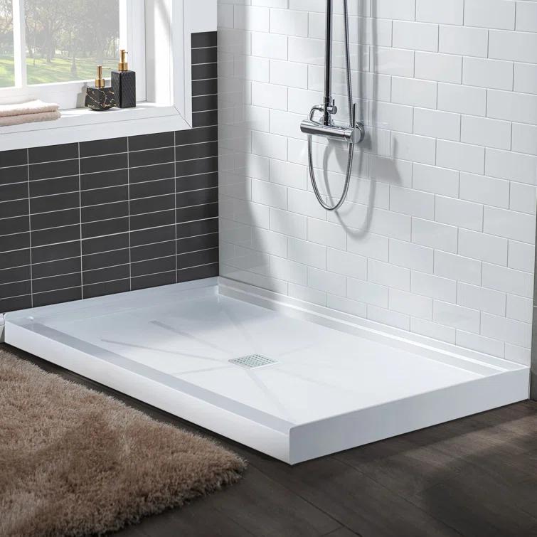 36" Solid Surface Square Single Threshold Shower Pan Base with Drain Assembly & Drain Cover Included, Non-Slip