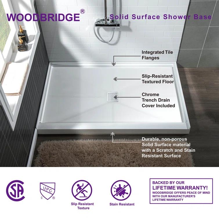 36" Solid Surface Square Single Threshold Shower Pan Base with Drain Assembly & Drain Cover Included, Non-Slip