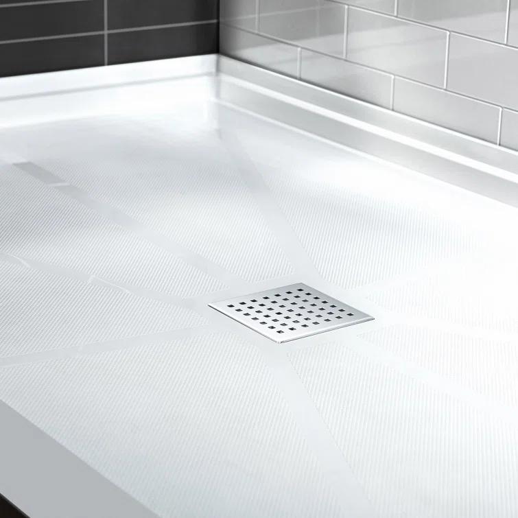 36" Solid Surface Square Single Threshold Shower Pan Base with Drain Assembly & Drain Cover Included, Non-Slip