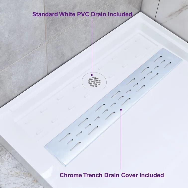 48" W x 36" Solid Surface Single Threshold Shower Pan Base with Drain Assembly & Drain Cover Included, Non-Slip